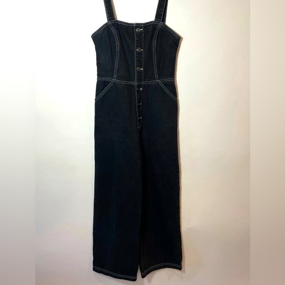 BDG Urban Outfitters Denim Jumpsuit Womens S Black Sleeveless Button Up Smocked - Picture 1 of 3
